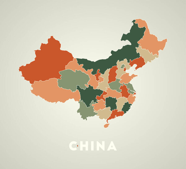 China poster in retro style. Map of the country with regions in autumn color palette. Shape of China with country name. Modern vector illustration.