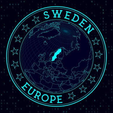 Sweden round sign Futuristic satelite view of the world centered to Sweden Country badge with map