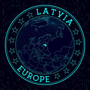 Latvia round sign Futuristic satelite view of the world centered to Latvia Country badge with map