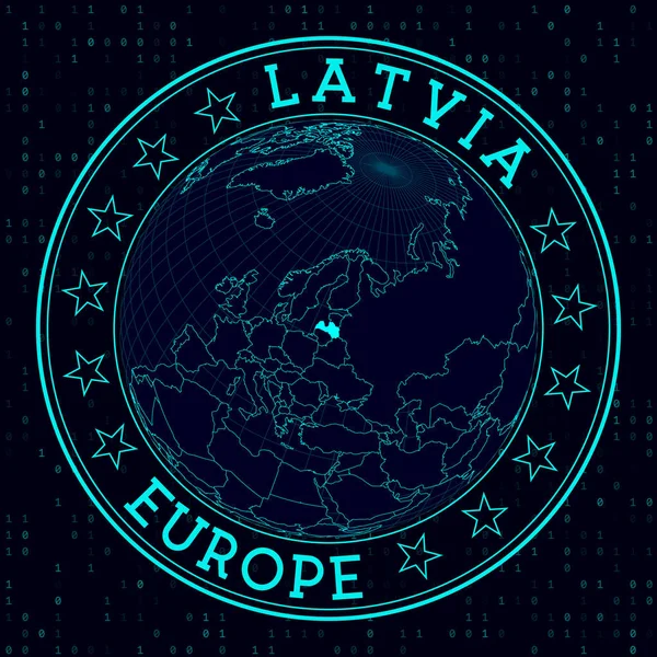 Latvia round sign Futuristic satelite view of the world centered to Latvia Country badge with map — Stock Vector