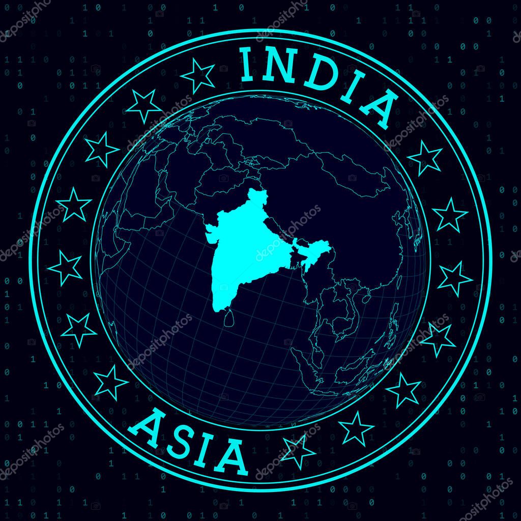 India round sign. Futuristic satelite view of the world centered to India. Country badge with map, round text and binary background. Awesome vector illustration.