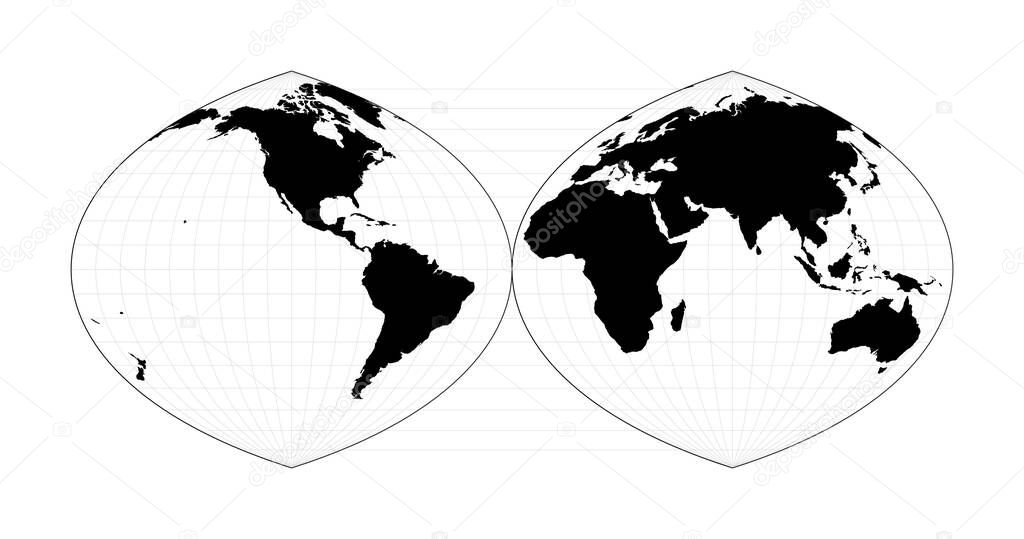 World contour Quartic authalic projection interrupted into two hemispheres Plan world geographical