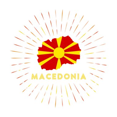 Macedonia sunburst badge. The country sign with map of Macedonia with Macedonian flag. Colorful rays around the logo. Vector illustration.