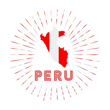 Peru sunburst badge. The country sign with map of Peru with Peruvian flag. Colorful rays around the logo. Vector illustration.