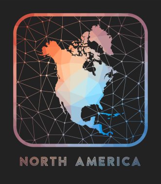 North America map design. Vector low poly map of the continent. North America icon in geometric style. The continent shape with polygnal gradient and mesh on dark background.