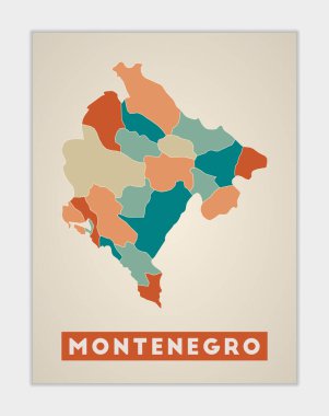 Montenegro poster. Map of the country with colorful regions. Shape of Montenegro with country name. Vibrant vector illustration.