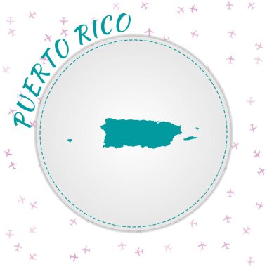 Puerto Rico map design. Map of the country with regions in emerald-amethyst color palette. Rounded travel to Puerto Rico poster with country name and airplanes background. Amazing vector illustration.