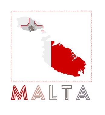 Malta Logosu. Adanın adı ve bayrağı olan Malta haritası. İnanılmaz vektör illüstrasyonu.