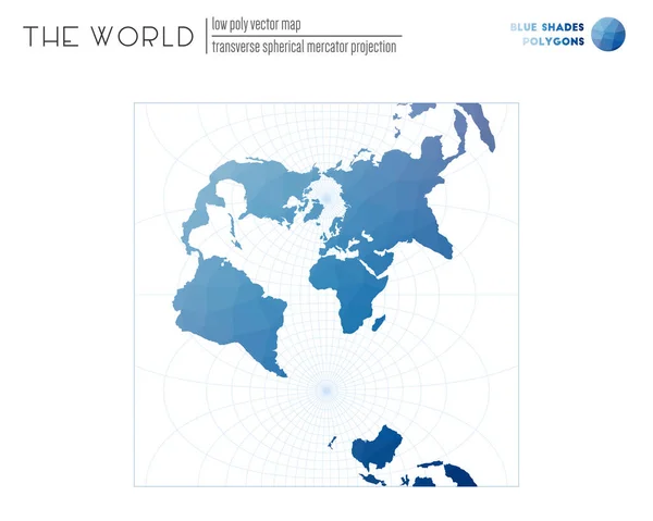 有充满活力的三角形的世界地图 世界的横向球面Mercator投影 蓝色阴影色的多边形 美丽的矢量插图 — 图库矢量图片