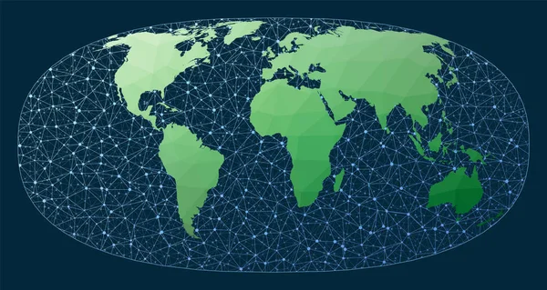 Global Network Concept Hyperelliptical Projection Green Low Poly World Map — стоковый вектор