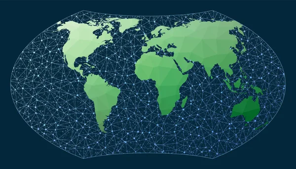 Abstraktní Telekomunikační Mapa Světa Wagnerova Projekce Zelená Mapa Nízkopoly Světa — Stockový vektor