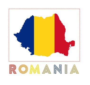 Romania Logo. Map of Romania with country name and flag. Superb vector illustration.