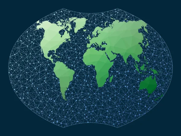 Internet Wereldwijd Verbonden Wereldbol Ginzburg Projectie Groene Lage Poly Wereldkaart — Stockvector