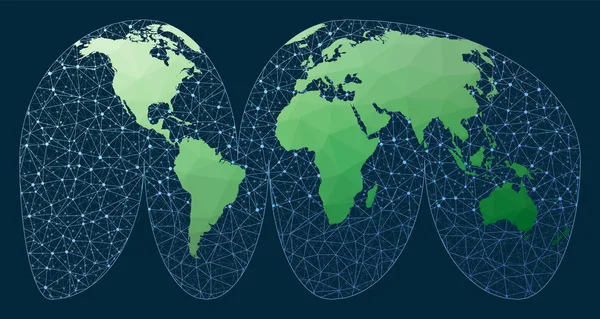 Global Network Interrupted Mollweide Projection Green Low Poly World Map — 图库矢量图片