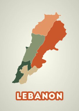 Lebanon poster in retro style. Map of the country with regions in autumn color palette. Shape of Lebanon with country name. Authentic vector illustration.