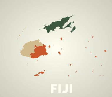 Fiji poster in retro style. Map of the country with regions in autumn color palette. Shape of Fiji with country name. Modern vector illustration.