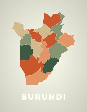 Burundi poster in retro style. Map of the country with regions in autumn color palette. Shape of Burundi with country name. Radiant vector illustration.