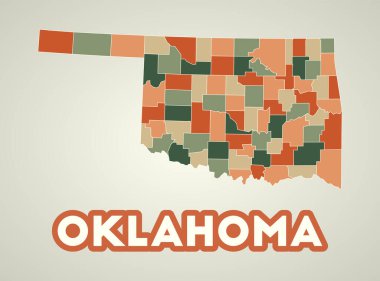 Oklahoma poster in retro style. Map of the us state with regions in autumn color palette. Shape of Oklahoma with us state name. Amazing vector illustration.