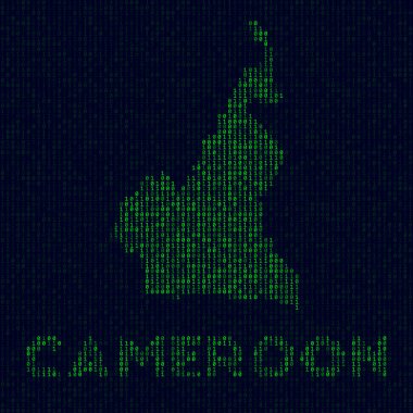 Digital Cameroon logo. Country symbol in hacker style. Binary code map of Cameroon with country name. Powerful vector illustration.