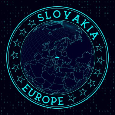 Slovakya yuvarlak işareti. Slovakya 'nın merkezindeki dünyaya dair fütürist uydu görüşü. Haritalı ülke rozeti, yuvarlak metin ve ikili arkaplan. Düzgün vektör illüstrasyonu.