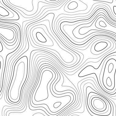 Topografik harita. Gerçek topoğrafya haritası. Siyah ve beyaz dikişsiz tasarım, cezbedici karo izolin deseni. Vektör illüstrasyonu.
