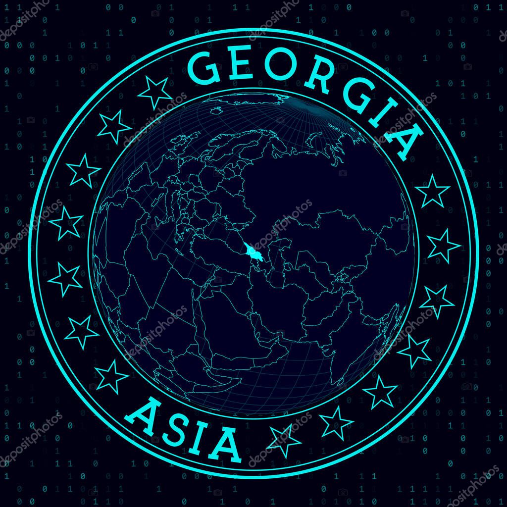 Georgia round sign. Futuristic satelite view of the world centered to Georgia. Country badge with map, round text and binary background. Elegant vector illustration.