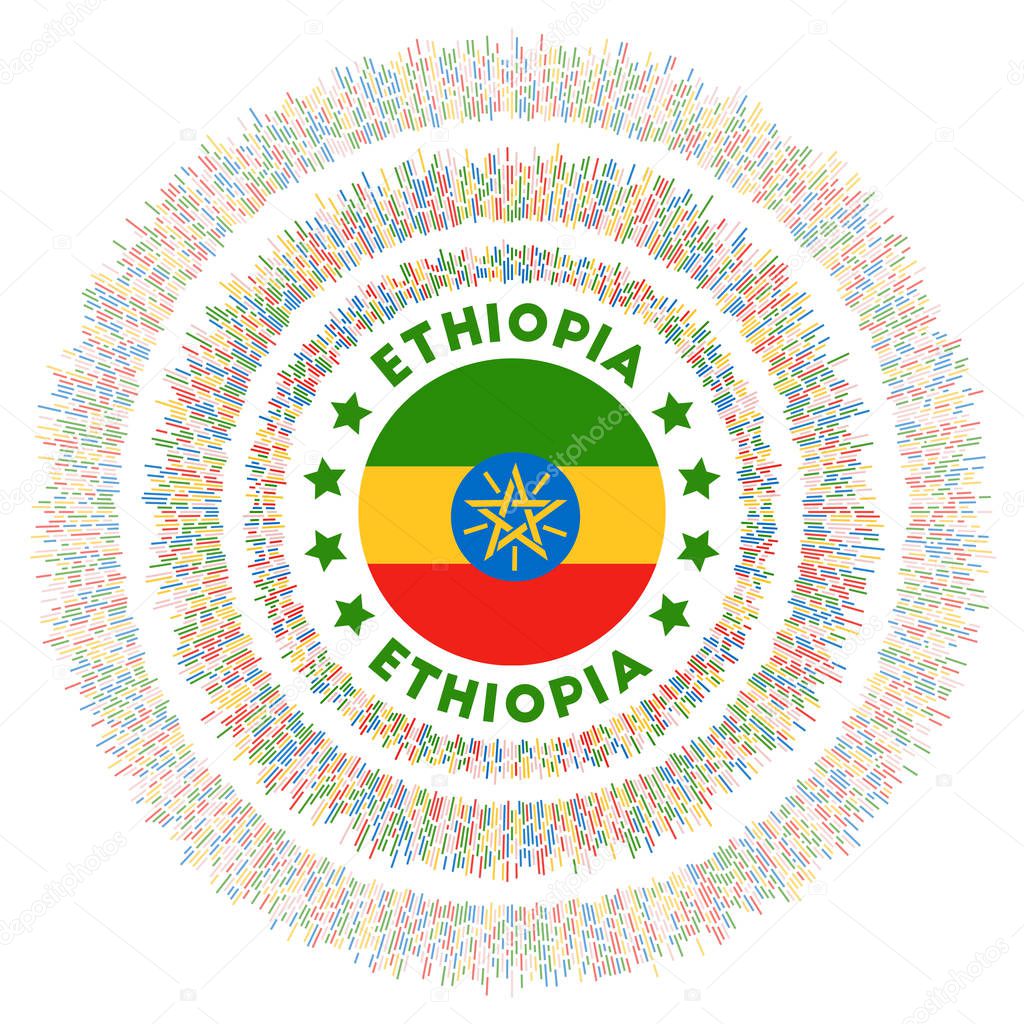 Ethiopia symbol. Radiant country flag with colorful rays. Shiny sunburst with Ethiopia flag. Appealing vector illustration.