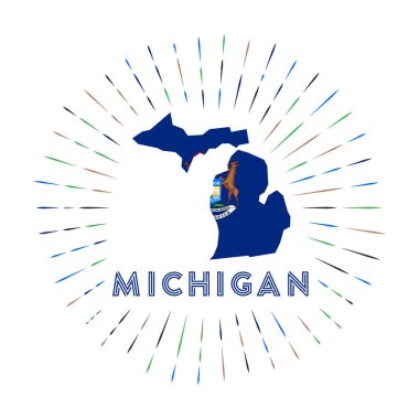 Michigan sunburst badge. The us state sign with map of Michigan with state flag. Colorful rays around the logo. Vector illustration.