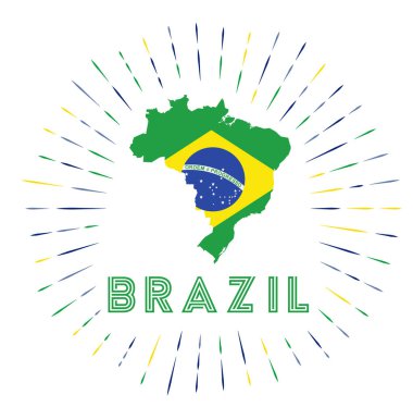 Brezilya güneş patlaması rozeti. Brezilya haritası ve Brezilya bayrağı ile ülke imzası. Logonun etrafına renkli ışınlar. Vektör illüstrasyonu.