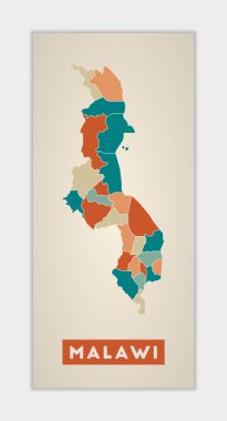 Malawi poster. Map of the country with colorful regions. Shape of Malawi with country name. Astonishing vector illustration.