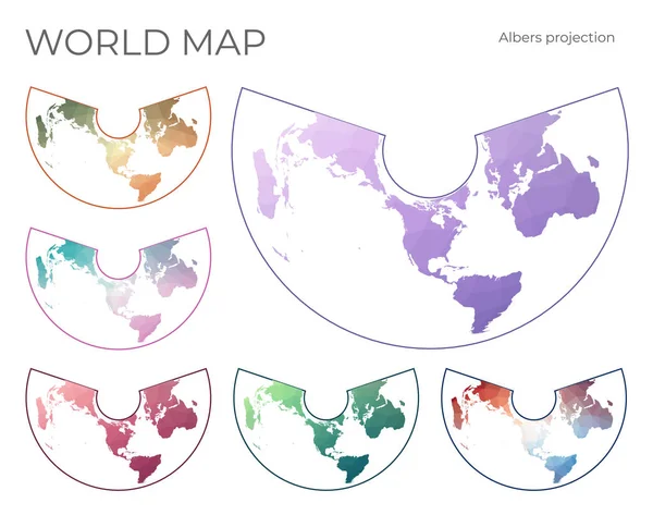 Low Poly World Map Set Albers Equal Area Conic Projection — Stockvector