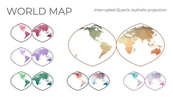 Set Mappa Del Mondo Basso Poli Proiezione Quartica Automatica Interruppe — Vettoriale Stock