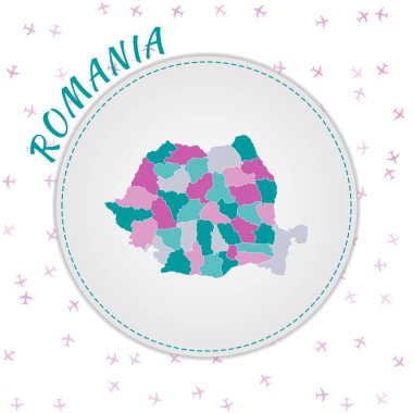 Romania map design. Map of the country with regions in emerald-amethyst color palette. Rounded travel to Romania poster with country name and airplanes background. Awesome vector illustration.