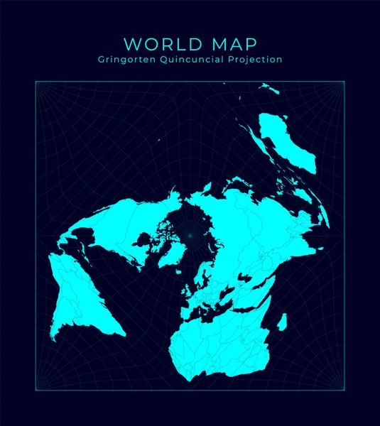Kaart van de wereld Gringorten vierkante evenwijdige oppervlakte projectie Futuristische Infografische wereld — Stockvector