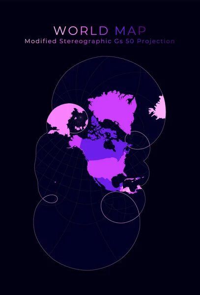World Map Modified Stereographic Projection United States Including Alaska Hawaii — Stock vektor