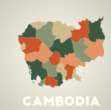 Cambodia poster in retro style. Map of the country with regions in autumn color palette. Shape of Cambodia with country name. Appealing vector illustration.