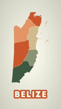 Belize poster in retro style. Map of the country with regions in autumn color palette. Shape of Belize with country name. Attractive vector illustration.