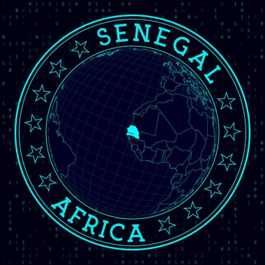 Senegal round sign. Futuristic satelite view of the world centered to Senegal. Country badge with map, round text and binary background. Awesome vector illustration.