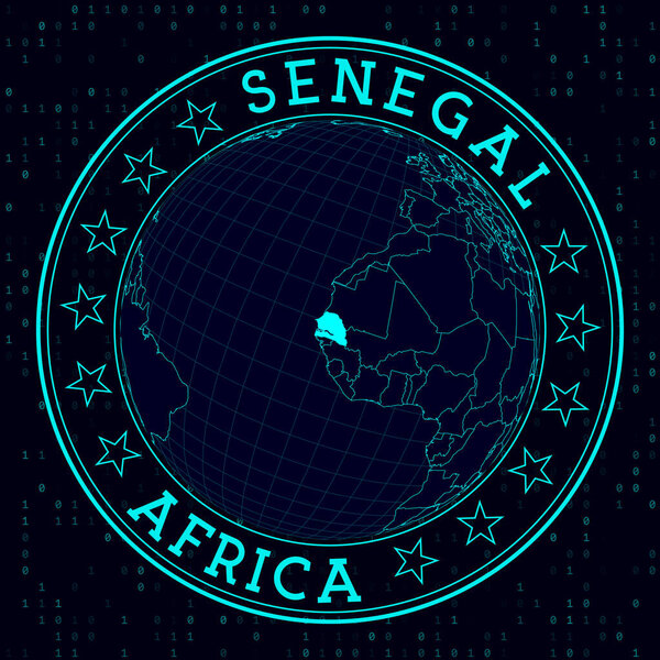 Senegal round sign. Futuristic satelite view of the world centered to Senegal. Country badge with map, round text and binary background. Awesome vector illustration.