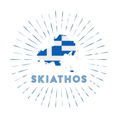 Skiathos güneş patlaması rozeti. Üzerinde Yunan bayrağı desenli Skiathos haritası olan ada işareti.