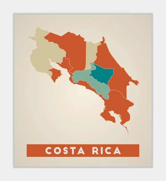 Cartel de Costa Rica Mapa del país con regiones coloridas Forma de Costa Rica con nombre de país — Vector de stock