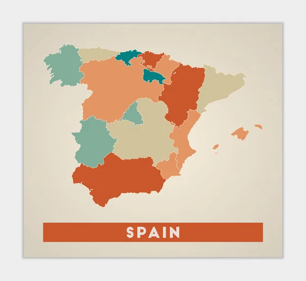 Cartel de España Mapa del país con regiones coloridas Forma de España con nombre de país Elegante — Vector de stock