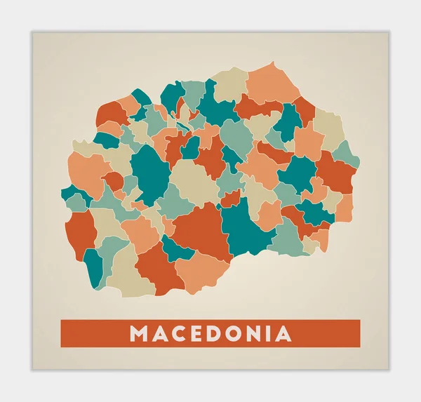 Macedónia poster Mapa do país com regiões coloridas Forma da Macedónia com nome do país —  Vetores de Stock