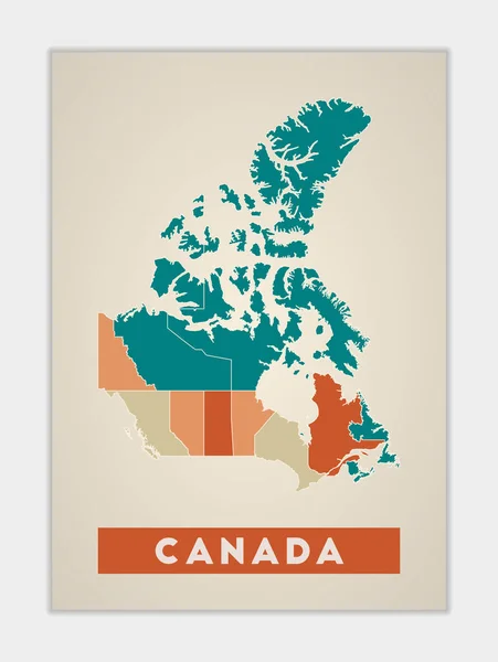 Kanada plakát Mapa země s barevnými regiony Tvar Kanady s názvem země Cool — Stockový vektor