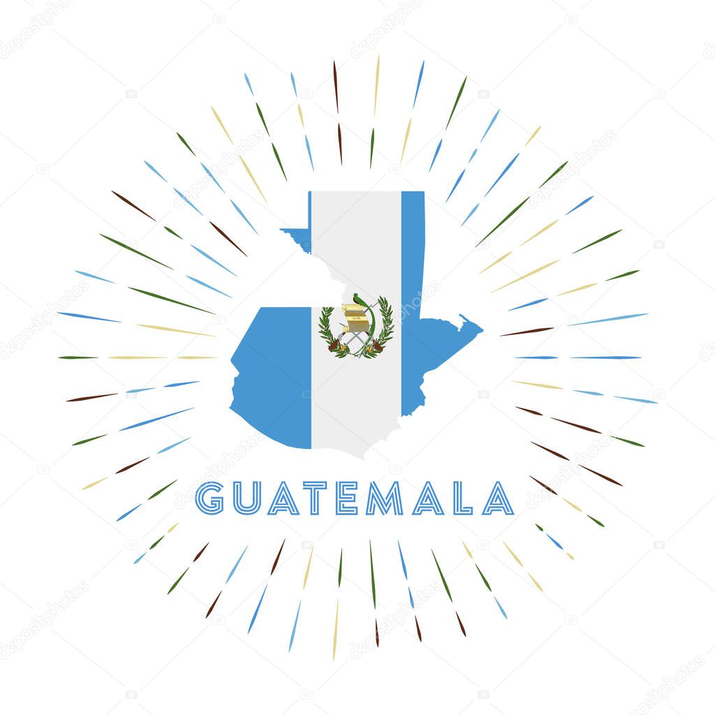 Guatemala sunburst badge. The country sign with map of Guatemala with Guatemalan flag. Colorful rays around the logo. Vector illustration.