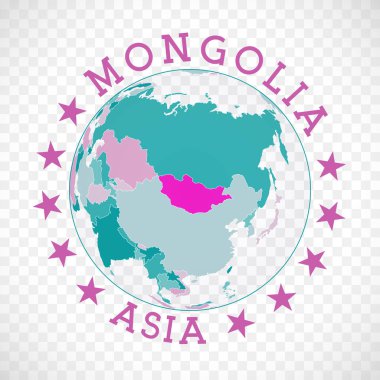 Mongolia round logo. Badge of country with map of Mongolia in world context. Country sticker stamp with globe map and round text. Classy vector illustration.