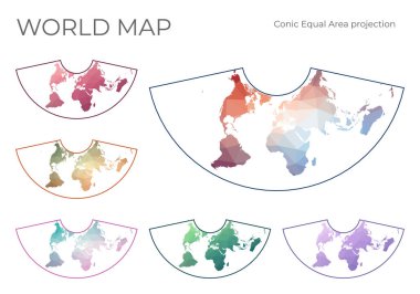 Low Poly World Map Set. Albers conic equal-area projection. Collection of the world maps in geometric style. Vector illustration.