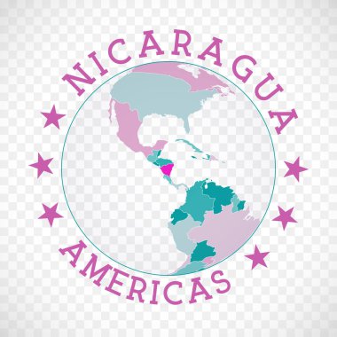Nicaragua round logo. Badge of country with map of Nicaragua in world context. Country sticker stamp with globe map and round text. Superb vector illustration.