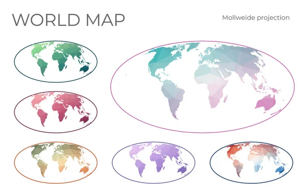 低波莉世界地图集 等面积 伪细胞质摩尔威投影 以几何风格收集世界地图 矢量说明 — 图库矢量图片