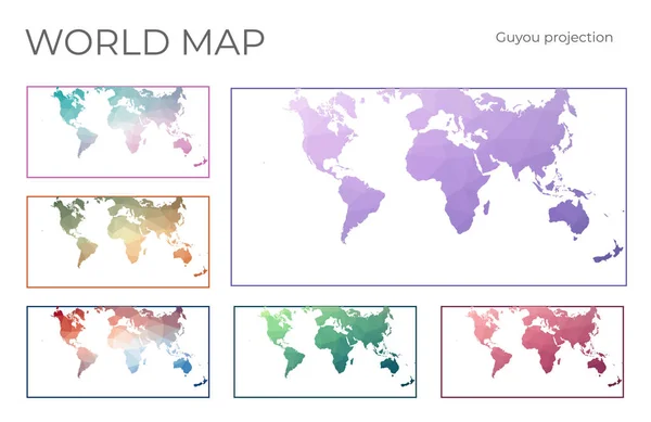 Low Poly World Map Set Guyou Hemisphere Square Projection Collection — Vettoriale Stock